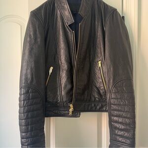 J. Crew Black Leather Zip Moto Jacket with Quilted Sleeves
